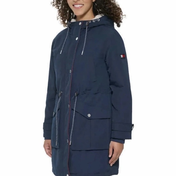TH Tommy Hilfiger Women Hooded Parka Jacket Long Coat Dark Blue Navy Large - Picture 10 of 14